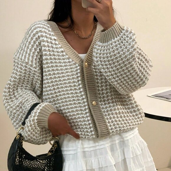 Sweaters - Khaki Casual Women's Plaid Print Button Front V-Neck Long Sleeve Cardigan